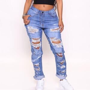 New Fashion Nova Size 1 Distressed Denim Jeans Blue Wash Cuffed‎ Boyfriend Mom